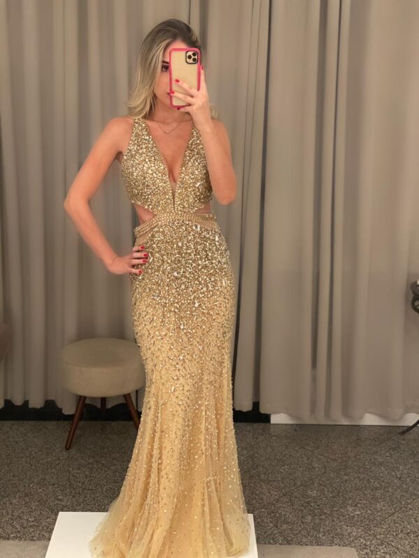 Vestido De Festa Dourado Elegante, Gordinho, Longo E Solto